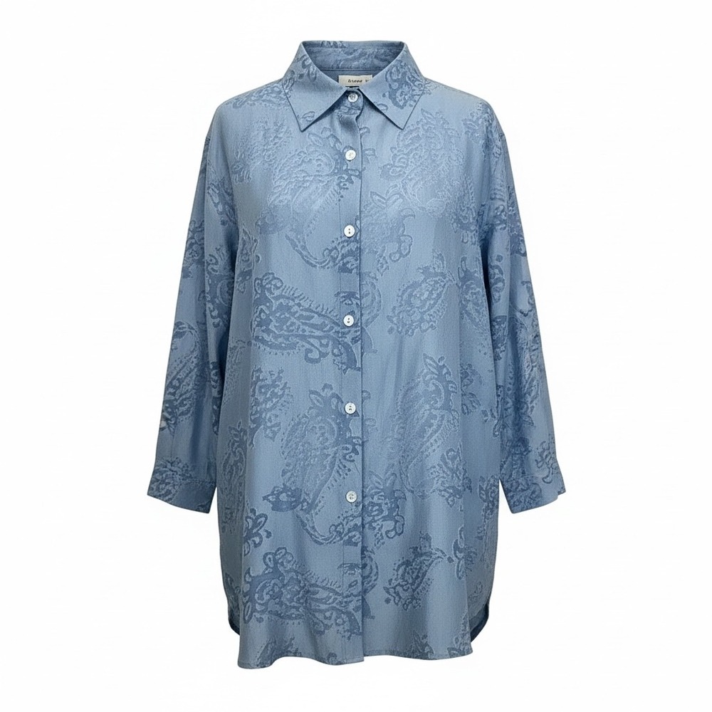 Alfred Dunner Blue Paisley Jacquard Button Front Blouse Size 16 Long Sleeve